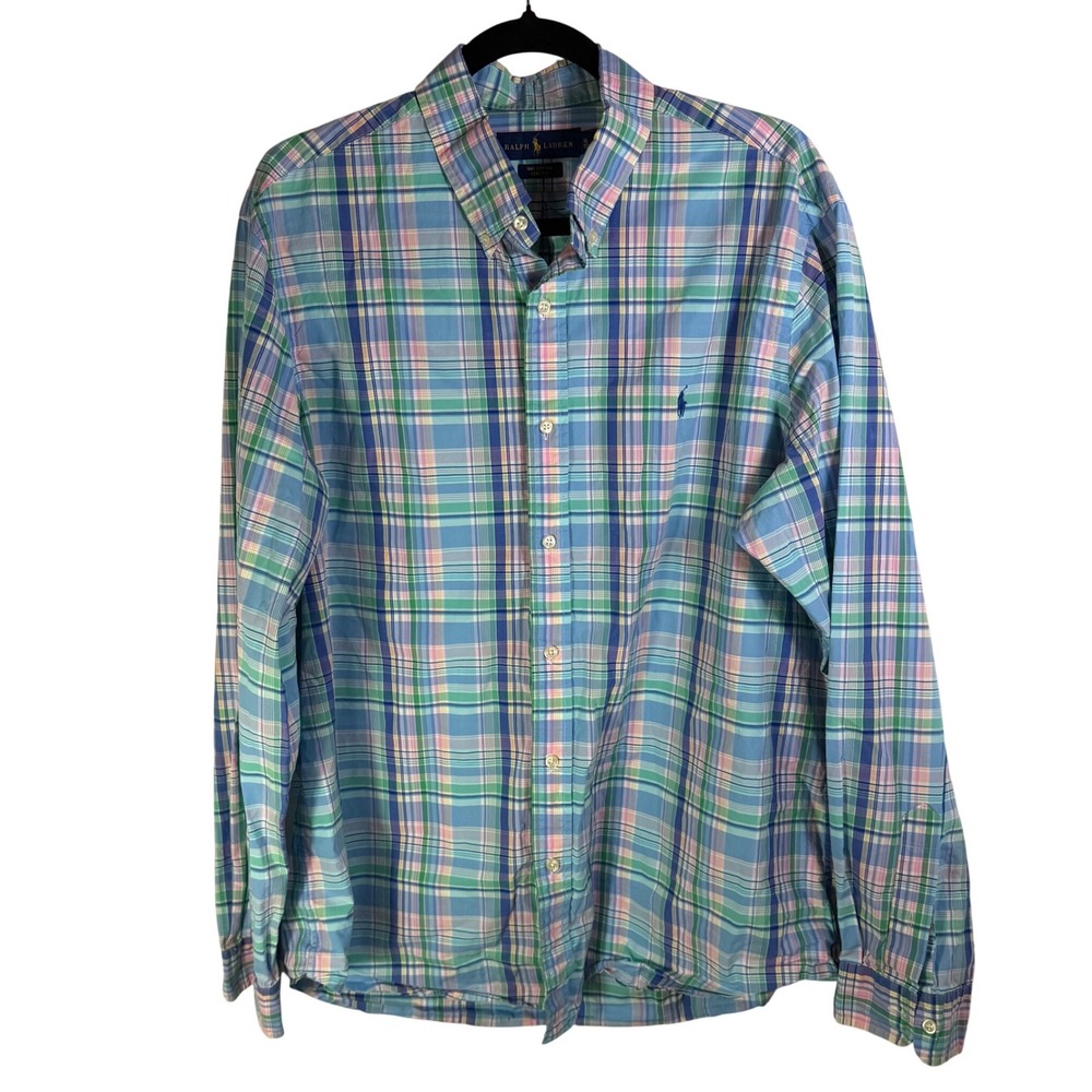 Ralph Lauren Mens XL Slim Fit Button Down Shirt Pastel Plaid Cotton Long Sleeve